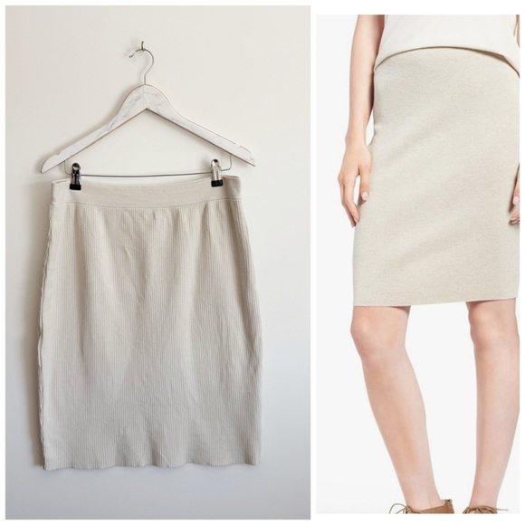 EILEEN FISHER Cream Ribbed Knit Knee Length Pencil Straight Skirt M Medium Silk - Picture 1 of 11
